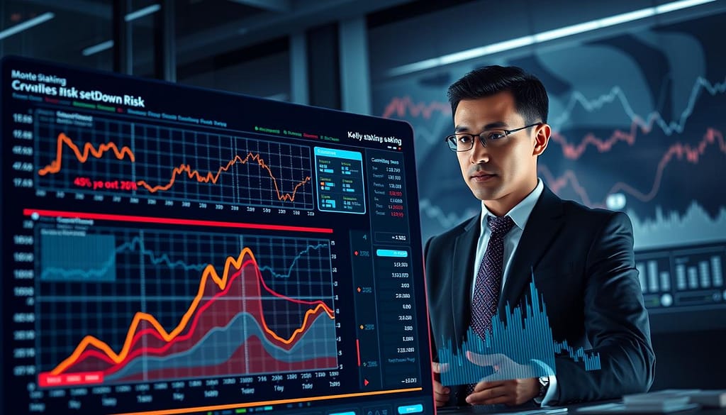 A high-tech visualization of a Monte Carlo simulation focused on Kelly staking and drawdown risk. In the foreground, a digital, interactive financial dashboard displaying intricate graphs and charts representing various betting strategies, with confidence bands illustrated in soft, glowing colors. The middle ground features a professional individual, dressed in business attire, analyzing the data with a thoughtful expression. The background includes abstract representations of risk assessment, such as fluctuating lines and shaded areas, suggesting drawdown thresholds. Soft, ambient lighting casts a modern, analytical atmosphere, while a camera angle slightly above eye level captures an immersive view of the scene, emphasizing the complexity and importance of drawdown planning in finance. A high-tech visualization of a Monte Carlo simulation focused on Kelly staking and drawdown risk. In the foreground, a digital, interactive financial dashboard displaying intricate graphs and charts representing various betting strategies, with confidence bands illustrated in soft, glowing colors. The middle ground features a professional individual, dressed in business attire, analyzing the data with a thoughtful expression. The background includes abstract representations of risk assessment, such as fluctuating lines and shaded areas, suggesting drawdown thresholds. Soft, ambient lighting casts a modern, analytical atmosphere, while a camera angle slightly above eye level captures an immersive view of the scene, emphasizing the complexity and importance of drawdown planning in finance.