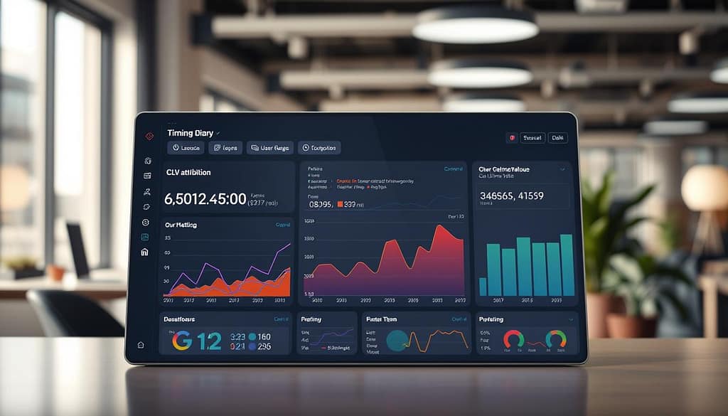 A modern and sleek dashboard interface focusing on "timing diary" and "CLV attribution" metrics, displayed prominently in the foreground. The dashboard elements include colorful graphs, vibrant charts, and precise data points representing customer lifetime value over time. In the middle, a subtle layering of users' interactions with the platform is illustrated, showing smooth flow and patterns of engagement. The background is a blurred office environment illuminated with soft, natural lighting, giving a professional ambiance. A touch of greenery adds life to the scene. The overall mood conveys a sense of clarity and focus, emphasizing analytical precision and strategic insight. The perspective is slightly angled, showcasing the depth of the dashboard, perfect for a business report setting. A modern and sleek dashboard interface focusing on "timing diary" and "CLV attribution" metrics, displayed prominently in the foreground. The dashboard elements include colorful graphs, vibrant charts, and precise data points representing customer lifetime value over time. In the middle, a subtle layering of users' interactions with the platform is illustrated, showing smooth flow and patterns of engagement. The background is a blurred office environment illuminated with soft, natural lighting, giving a professional ambiance. A touch of greenery adds life to the scene. The overall mood conveys a sense of clarity and focus, emphasizing analytical precision and strategic insight. The perspective is slightly angled, showcasing the depth of the dashboard, perfect for a business report setting.