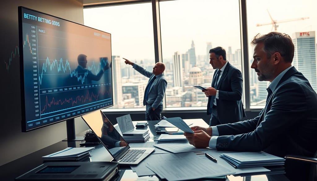 A modern office environment with a large digital screen displaying fluctuating line graphs and real-time betting odds. In the foreground, a focused individual dressed in professional attire, analyzing the data on a laptop, surrounded by various betting sheets and market reports. The middle scene shows another person pointing at the digital screen, engaged in discussion, while a third individual takes notes. The background features a panoramic window overlooking a bustling city skyline, with soft, natural daylight flooding the space. The atmosphere conveys urgency and concentration, reflecting a high-stakes market environment. Emphasize sharp details and realistic textures, capturing the intensity of live market analysis in a corporate setting. A modern office environment with a large digital screen displaying fluctuating line graphs and real-time betting odds. In the foreground, a focused individual dressed in professional attire, analyzing the data on a laptop, surrounded by various betting sheets and market reports. The middle scene shows another person pointing at the digital screen, engaged in discussion, while a third individual takes notes. The background features a panoramic window overlooking a bustling city skyline, with soft, natural daylight flooding the space. The atmosphere conveys urgency and concentration, reflecting a high-stakes market environment. Emphasize sharp details and realistic textures, capturing the intensity of live market analysis in a corporate setting.