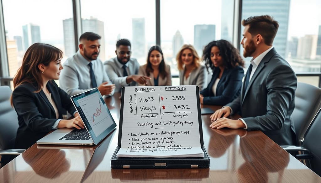 A professional, analytical setting depicting a group of diverse individuals in business attire gathered around a sleek conference table. The foreground features a laptop displaying graphs and betting odds, with one person pointing to a chart illustrating low-limits and correlated parlay traps. In the middle, a notepad filled with notes on stale priors emphasizes strategic thinking and caution. The background shows a large window with a cityscape view, hinting at a bustling financial district. Soft, natural lighting casts a focus on the participants, creating a collaborative atmosphere. The composition conveys focus and seriousness, with a balanced perspective from slightly above eye level to capture the intensity of the discussion. A professional, analytical setting depicting a group of diverse individuals in business attire gathered around a sleek conference table. The foreground features a laptop displaying graphs and betting odds, with one person pointing to a chart illustrating low-limits and correlated parlay traps. In the middle, a notepad filled with notes on stale priors emphasizes strategic thinking and caution. The background shows a large window with a cityscape view, hinting at a bustling financial district. Soft, natural lighting casts a focus on the participants, creating a collaborative atmosphere. The composition conveys focus and seriousness, with a balanced perspective from slightly above eye level to capture the intensity of the discussion.