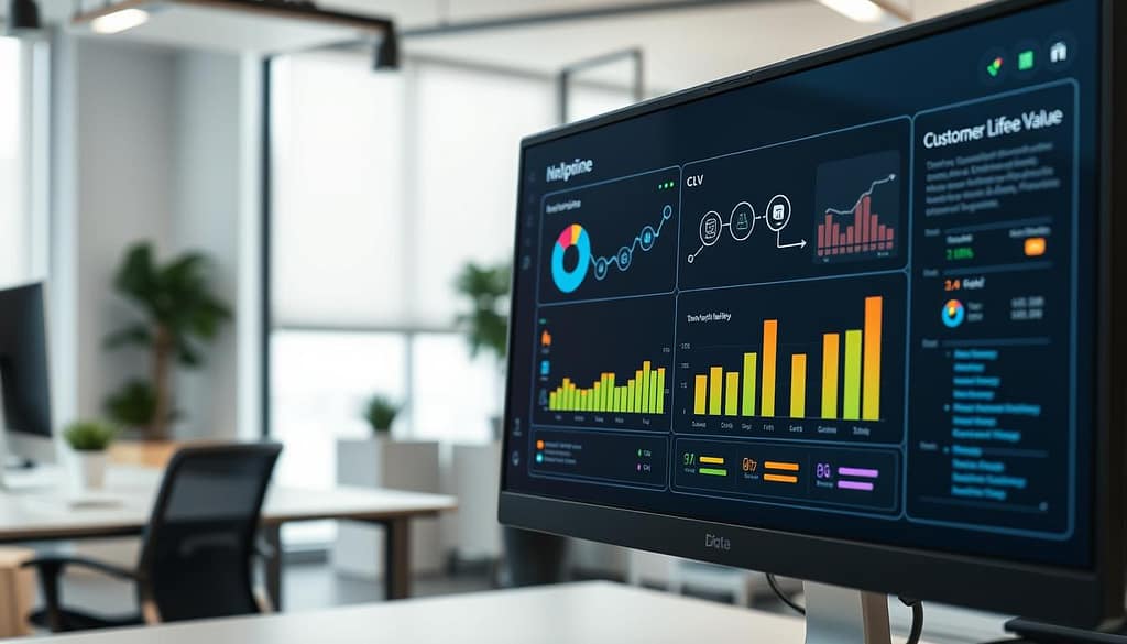 A sleek ETL pipeline dashboard visualization designed for data analysis. In the foreground, a modern computer monitor displays colorful graphs and charts, representing data flow from Sheets to a database and showcasing customer lifetime value (CLV) analytics. The middle section features various digital icons symbolizing data connections, highlighting efficiency and simplicity. In the background, a contemporary office space with soft lighting emanates a professional atmosphere, with minimalistic decor that emphasizes a tech-savvy environment. The angle captures a slight overhead view of the dashboard, providing a comprehensive overview of the data insights. The mood reflects innovation and analytical focus, inviting viewers to explore effective data management and visualization strategies. A sleek ETL pipeline dashboard visualization designed for data analysis. In the foreground, a modern computer monitor displays colorful graphs and charts, representing data flow from Sheets to a database and showcasing customer lifetime value (CLV) analytics. The middle section features various digital icons symbolizing data connections, highlighting efficiency and simplicity. In the background, a contemporary office space with soft lighting emanates a professional atmosphere, with minimalistic decor that emphasizes a tech-savvy environment. The angle captures a slight overhead view of the dashboard, providing a comprehensive overview of the data insights. The mood reflects innovation and analytical focus, inviting viewers to explore effective data management and visualization strategies.