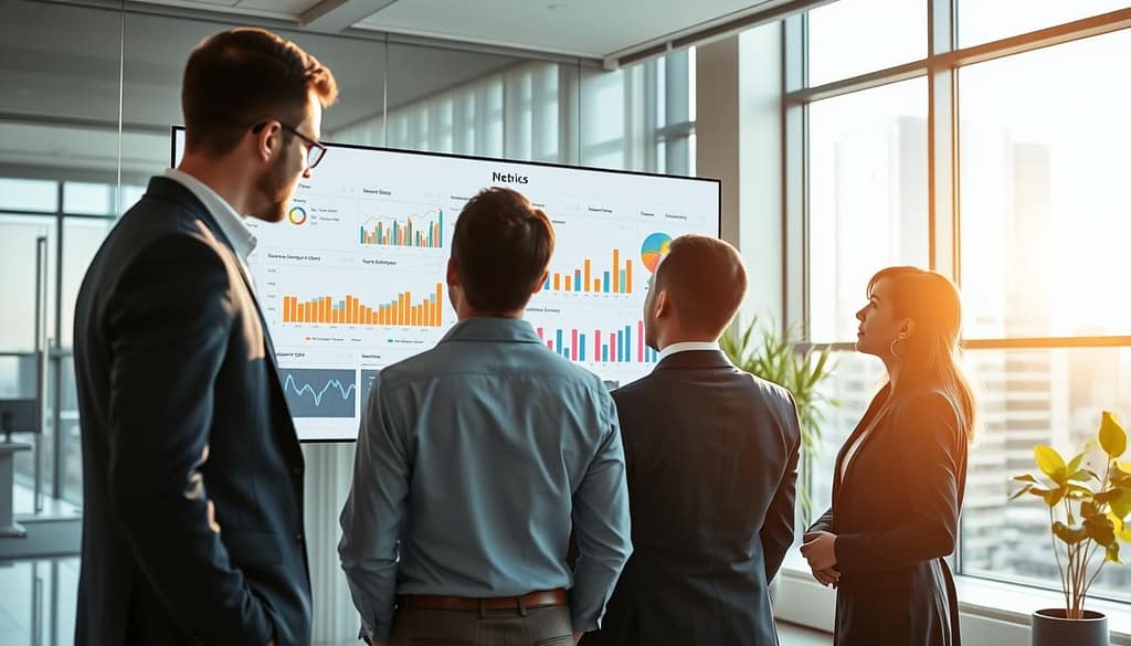 A sleek, modern office environment showcasing data quality assurance in action. In the foreground, a diverse group of three professionals—two men and one woman—analyzing data on a large screen with intricate graphs and charts. They are dressed in smart business attire, focused and engaged in discussion. The middle layer features a digital dashboard illustrating ROI metrics and tag analysis graphs, with colorful data visualizations and infographics. In the background, large windows allow natural light to flood in, reflecting a productive workplace atmosphere. Use a wide-angle lens effect to capture the entire office, enhancing depth and providing a clear view of the workflow. The mood is collaborative and analytical, emphasizing the importance of sanity checks and data integrity in analytics processes. A sleek, modern office environment showcasing data quality assurance in action. In the foreground, a diverse group of three professionals—two men and one woman—analyzing data on a large screen with intricate graphs and charts. They are dressed in smart business attire, focused and engaged in discussion. The middle layer features a digital dashboard illustrating ROI metrics and tag analysis graphs, with colorful data visualizations and infographics. In the background, large windows allow natural light to flood in, reflecting a productive workplace atmosphere. Use a wide-angle lens effect to capture the entire office, enhancing depth and providing a clear view of the workflow. The mood is collaborative and analytical, emphasizing the importance of sanity checks and data integrity in analytics processes.