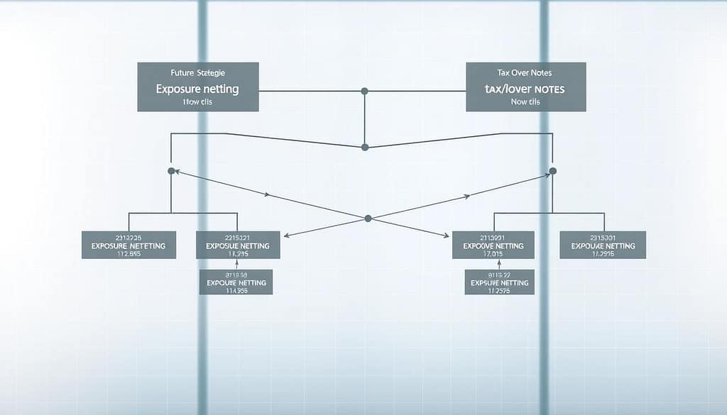 A sophisticated, detailed illustration of a futures tree hedging diagram, featuring layered branching structures representing various hedging strategies. The foreground showcases clearly defined branches labeled with different financial terms related to exposure netting and tax/rollover notes. In the middle, intersecting lines and nodes depict the interconnected relationships, with numerical values subtly integrated into the design. The background is a soft gradient, symbolizing a financial landscape, with faint grid lines adding a sense of depth. The lighting is bright and professional, simulating an office environment. The overall atmosphere should convey clarity, strategy, and advanced financial planning, intended for a knowledgeable audience, strictly avoiding any text or labels. A sophisticated, detailed illustration of a futures tree hedging diagram, featuring layered branching structures representing various hedging strategies. The foreground showcases clearly defined branches labeled with different financial terms related to exposure netting and tax/rollover notes. In the middle, intersecting lines and nodes depict the interconnected relationships, with numerical values subtly integrated into the design. The background is a soft gradient, symbolizing a financial landscape, with faint grid lines adding a sense of depth. The lighting is bright and professional, simulating an office environment. The overall atmosphere should convey clarity, strategy, and advanced financial planning, intended for a knowledgeable audience, strictly avoiding any text or labels.