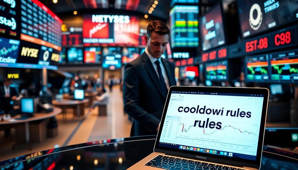A sophisticated trading environment showcasing a digital screen displaying "cooldown rules" in a vibrant, dynamic layout. In the foreground, a sleek modern desk with a laptop showing graphical statistics and trading charts. The middle ground features a professional trader, dressed in smart business attire, deeply focused while analyzing the screen. The background includes a panoramic view of a bustling stock market floor with large LED screens displaying real-time data and news tickers, contributing to an atmosphere of urgency and high stakes. Soft, ambient lighting highlights the trader's concentration, while a slight blur in the background captures the frenetic energy of the trading environment, emphasizing the theme of post-event decay of edge and market responsiveness. A sophisticated trading environment showcasing a digital screen displaying "cooldown rules" in a vibrant, dynamic layout. In the foreground, a sleek modern desk with a laptop showing graphical statistics and trading charts. The middle ground features a professional trader, dressed in smart business attire, deeply focused while analyzing the screen. The background includes a panoramic view of a bustling stock market floor with large LED screens displaying real-time data and news tickers, contributing to an atmosphere of urgency and high stakes. Soft, ambient lighting highlights the trader's concentration, while a slight blur in the background captures the frenetic energy of the trading environment, emphasizing the theme of post-event decay of edge and market responsiveness.