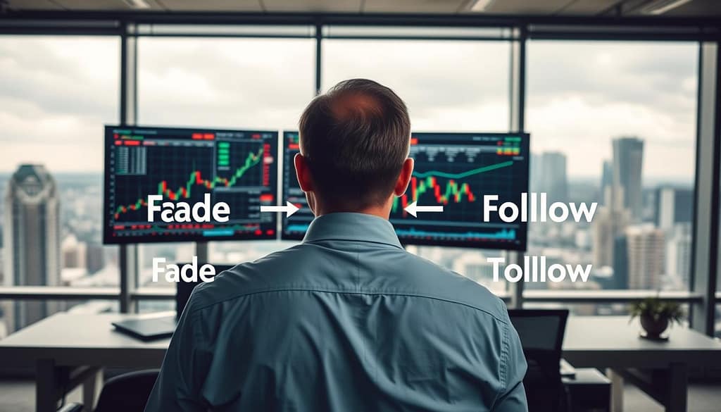 A visual representation of "threshold triggers" in event-driven trading. In the foreground, a professional trader in business attire reviews multiple digital screens displaying fluctuating stock charts and alerts, conveying urgency and focus. In the middle ground, abstract graphical elements depict the concepts of "fade" and "follow" strategies through contrasting colors: cooler tones for fading and warmer tones for following, seamlessly blending with the charts. The background is a modern trading office with large windows revealing a cityscape under an overcast sky, symbolizing unpredictability. Soft, diffused lighting enhances the atmosphere of contemplation and analysis, while a slight depth of field effect emphasizes the trader's concentration on the screens, showcasing the complexity of making calculated decisions without overreacting. A visual representation of "threshold triggers" in event-driven trading. In the foreground, a professional trader in business attire reviews multiple digital screens displaying fluctuating stock charts and alerts, conveying urgency and focus. In the middle ground, abstract graphical elements depict the concepts of "fade" and "follow" strategies through contrasting colors: cooler tones for fading and warmer tones for following, seamlessly blending with the charts. The background is a modern trading office with large windows revealing a cityscape under an overcast sky, symbolizing unpredictability. Soft, diffused lighting enhances the atmosphere of contemplation and analysis, while a slight depth of field effect emphasizes the trader's concentration on the screens, showcasing the complexity of making calculated decisions without overreacting.