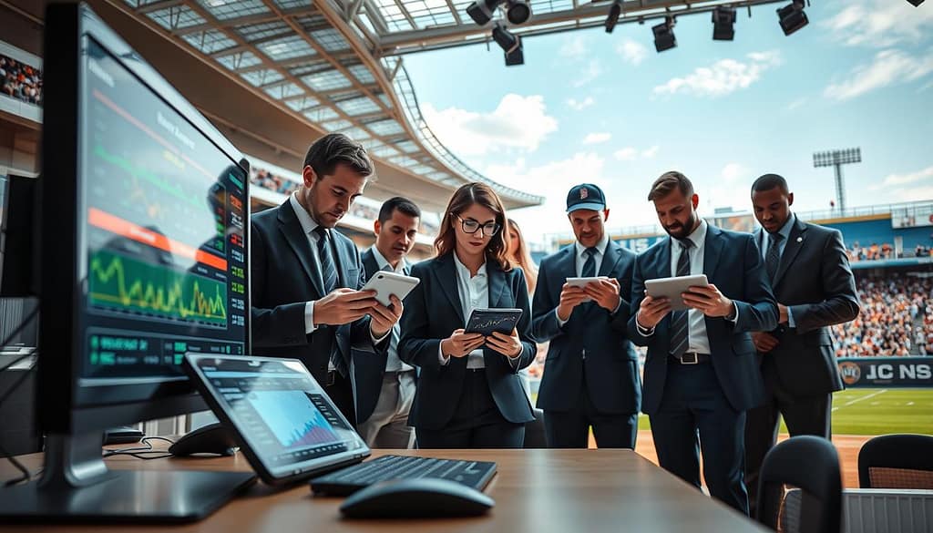 A visually engaging representation of Bayesian likelihood in sports betting, emphasizing how new information influences outcome odds. Foreground: a dynamic sports betting scene with a computer displaying betting odds and statistical graphs, indicating real-time updates based on fresh information. Middle: a diverse group of professional bettors in business attire intently analyzing data on tablets and laptops, showcasing various sports like football, basketball, and baseball. Background: a vibrant sports arena with live crowds and clear skies, symbolizing outdoor conditions. Soft, natural lighting fills the scene, creating a lively atmosphere, while a shallow depth of field focuses on the bettors and their devices, enhancing the sense of urgency and anticipation in sports betting decisions. A visually engaging representation of Bayesian likelihood in sports betting, emphasizing how new information influences outcome odds. Foreground: a dynamic sports betting scene with a computer displaying betting odds and statistical graphs, indicating real-time updates based on fresh information. Middle: a diverse group of professional bettors in business attire intently analyzing data on tablets and laptops, showcasing various sports like football, basketball, and baseball. Background: a vibrant sports arena with live crowds and clear skies, symbolizing outdoor conditions. Soft, natural lighting fills the scene, creating a lively atmosphere, while a shallow depth of field focuses on the bettors and their devices, enhancing the sense of urgency and anticipation in sports betting decisions.