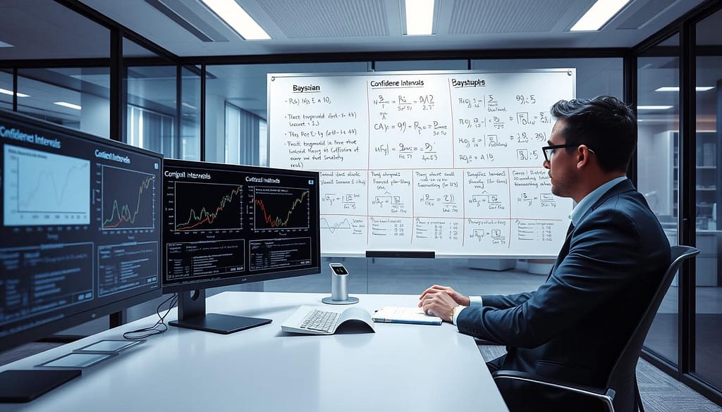 An analytical workspace showcasing a high-tech environment focused on data analysis. In the foreground, a professional in business attire is seated at a sleek desk, reviewing complex statistical graphs and charts displayed on dual monitors, each illustrating confidence intervals and bootstrap methods. The middle ground features a large whiteboard filled with equations, diagrams representing Bayesian methods, and relevant data visualizations. The background has a modern office decor with translucent glass partitions, allowing soft, diffused natural light to fill the room, creating a collaborative atmosphere. The mood is insightful and forward-thinking, reflecting deep focus and precision in quantitative analysis, with a camera angle slightly above eye level to capture the essence of professional rigor in statistical estimation. An analytical workspace showcasing a high-tech environment focused on data analysis. In the foreground, a professional in business attire is seated at a sleek desk, reviewing complex statistical graphs and charts displayed on dual monitors, each illustrating confidence intervals and bootstrap methods. The middle ground features a large whiteboard filled with equations, diagrams representing Bayesian methods, and relevant data visualizations. The background has a modern office decor with translucent glass partitions, allowing soft, diffused natural light to fill the room, creating a collaborative atmosphere. The mood is insightful and forward-thinking, reflecting deep focus and precision in quantitative analysis, with a camera angle slightly above eye level to capture the essence of professional rigor in statistical estimation.