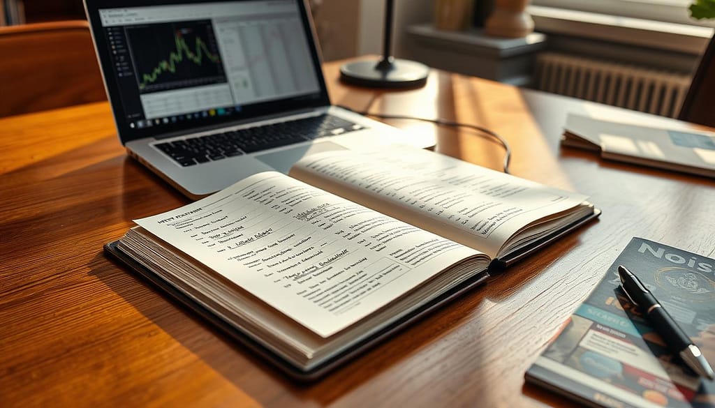 A close-up view of an elegant sports betting move diary, arranged neatly on a polished wooden desk. The diary is open, showcasing pages filled with neatly organized handwritten notes, charts, and betting tags, highlighting various sports events and market movements. Bright, natural daylight streams in from a nearby window, casting soft shadows across the desk. In the background, a laptop displays graphs and statistics, seamlessly blending into a professional environment. The atmosphere is focused and analytical, evoking a sense of strategy and careful observation. On the desk, a stylish pen and a sports-related magazine are thoughtfully placed, enhancing the context of sports betting while maintaining a clean and polished look. No human subjects are present in the image. A close-up view of an elegant sports betting move diary, arranged neatly on a polished wooden desk. The diary is open, showcasing pages filled with neatly organized handwritten notes, charts, and betting tags, highlighting various sports events and market movements. Bright, natural daylight streams in from a nearby window, casting soft shadows across the desk. In the background, a laptop displays graphs and statistics, seamlessly blending into a professional environment. The atmosphere is focused and analytical, evoking a sense of strategy and careful observation. On the desk, a stylish pen and a sports-related magazine are thoughtfully placed, enhancing the context of sports betting while maintaining a clean and polished look. No human subjects are present in the image.