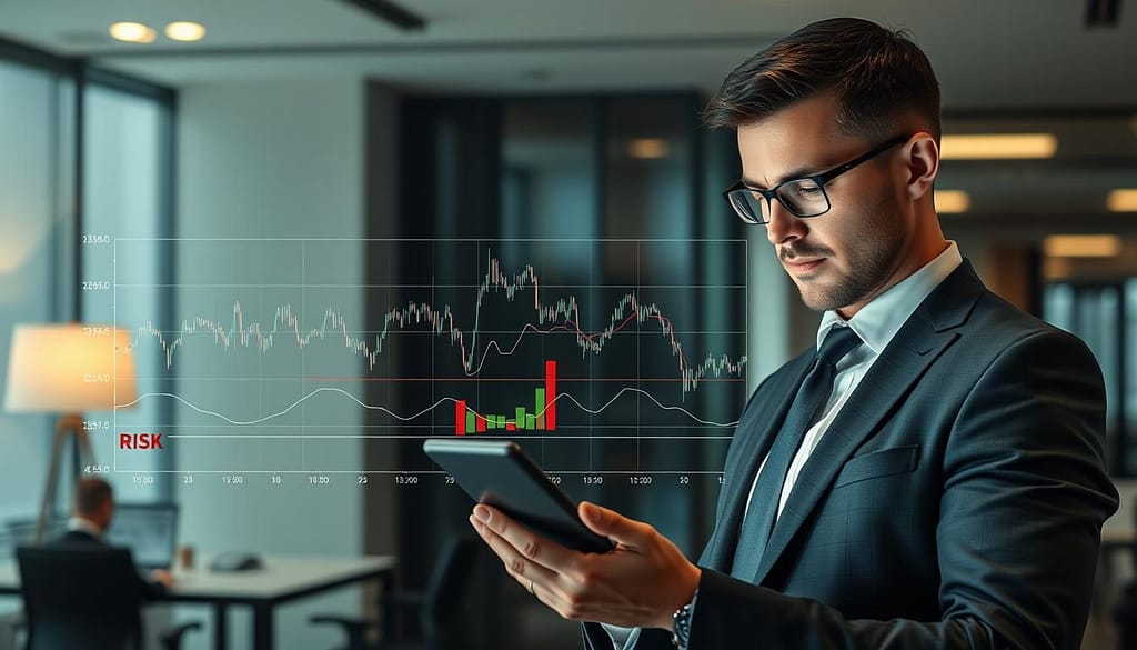 A conceptual illustration depicting "drawdown rules risk of ruin" in a financial context. In the foreground, include a professional business person in smart attire, intently analyzing a digital chart on a sleek tablet. The middle ground reveals a series of fluctuating line graphs and bar charts showing different phases of drawdowns and recoveries, with clear markers indicating risk thresholds. The background features a modern office setting with soft, ambient lighting, creating a serious yet innovative atmosphere. Use a photographic lens effect that provides a gentle depth of field, focusing on the graphs while softly blurring the office environment. Overall, the image should convey a sense of caution and strategic analysis, emphasizing the importance of drawdown management in betting strategies. A conceptual illustration depicting "drawdown rules risk of ruin" in a financial context. In the foreground, include a professional business person in smart attire, intently analyzing a digital chart on a sleek tablet. The middle ground reveals a series of fluctuating line graphs and bar charts showing different phases of drawdowns and recoveries, with clear markers indicating risk thresholds. The background features a modern office setting with soft, ambient lighting, creating a serious yet innovative atmosphere. Use a photographic lens effect that provides a gentle depth of field, focusing on the graphs while softly blurring the office environment. Overall, the image should convey a sense of caution and strategic analysis, emphasizing the importance of drawdown management in betting strategies.