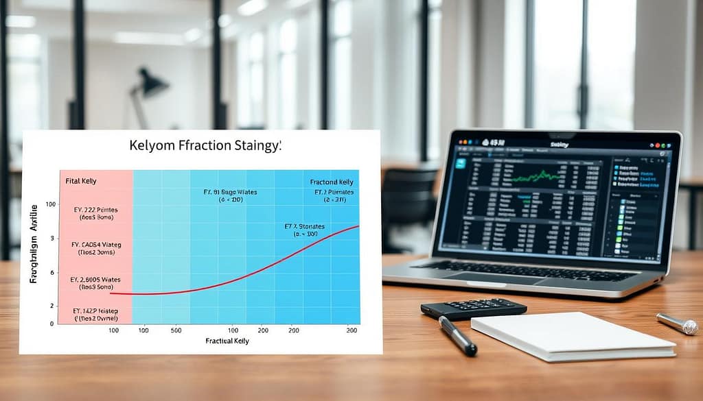 A detailed and visually engaging Kelly fraction staking chart, set in a modern, minimalist style with muted colors. In the foreground, a vibrant, well-organized graph illustrating various staking strategies, prominently featuring the Fractional Kelly method, annotated with EV (Expected Value) and SD (Standard Deviation) metrics. The middle layer shows a professional-looking desk with tools such as a calculator, notepad, and a laptop displaying betting odds, enhancing the theme of data analysis. The background features a soft-focus financial office space with glass windows letting in natural light, creating a clean and productive atmosphere. The scene captures a sense of professionalism and analytical thinking, perfect for an informative article while maintaining a visually appealing aesthetic. A detailed and visually engaging Kelly fraction staking chart, set in a modern, minimalist style with muted colors. In the foreground, a vibrant, well-organized graph illustrating various staking strategies, prominently featuring the Fractional Kelly method, annotated with EV (Expected Value) and SD (Standard Deviation) metrics. The middle layer shows a professional-looking desk with tools such as a calculator, notepad, and a laptop displaying betting odds, enhancing the theme of data analysis. The background features a soft-focus financial office space with glass windows letting in natural light, creating a clean and productive atmosphere. The scene captures a sense of professionalism and analytical thinking, perfect for an informative article while maintaining a visually appealing aesthetic.