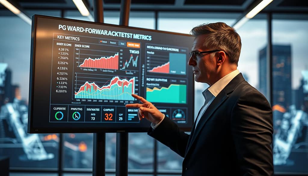 A detailed visualization of walk-forward backtest metrics prominently displayed on a digital screen, showcasing graphs and charts emphasizing key metrics like Brier score, log-loss, CLV, and ROI with slippage. In the foreground, a professional individual in business attire is analyzing the data with a focused expression, pointing at the screen. The middle ground features a sleek office environment with data visualizations projected on the walls, illuminated by soft, cool LED lighting. The background includes blurred silhouettes of city skyscrapers through a large window, hinting at a high-tech, data-driven atmosphere. The overall mood is one of intensity and professionalism, conveying the critical nature of accurate metrics in financial analysis. A detailed visualization of walk-forward backtest metrics prominently displayed on a digital screen, showcasing graphs and charts emphasizing key metrics like Brier score, log-loss, CLV, and ROI with slippage. In the foreground, a professional individual in business attire is analyzing the data with a focused expression, pointing at the screen. The middle ground features a sleek office environment with data visualizations projected on the walls, illuminated by soft, cool LED lighting. The background includes blurred silhouettes of city skyscrapers through a large window, hinting at a high-tech, data-driven atmosphere. The overall mood is one of intensity and professionalism, conveying the critical nature of accurate metrics in financial analysis.