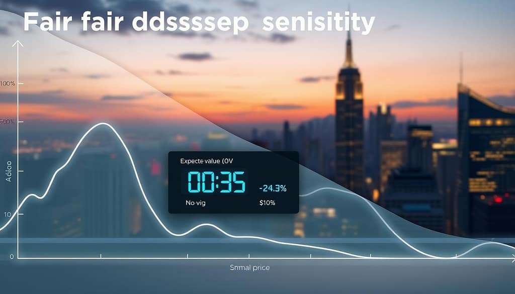 A dynamic and insightful illustration of "fair odds sensitivity" in a financial context. In the foreground, a transparent graph showcases a fluctuating line, symbolizing expected value (EV) changes with varying price adjustments. In the middle, a digital display features numerical values and percentages, reflecting the no-vig price as well as small price changes. In the background, a city skyline glimmers under a twilight sky, representing the bustling atmosphere of financial markets. The lighting is soft yet focused on the graph and display, creating a professional and analytical mood. The angle is slightly top-down, offering perspective on the graph while maintaining clarity on the surrounding cityscape, conveying a sense of urgency and precision in the financial landscape. A dynamic and insightful illustration of "fair odds sensitivity" in a financial context. In the foreground, a transparent graph showcases a fluctuating line, symbolizing expected value (EV) changes with varying price adjustments. In the middle, a digital display features numerical values and percentages, reflecting the no-vig price as well as small price changes. In the background, a city skyline glimmers under a twilight sky, representing the bustling atmosphere of financial markets. The lighting is soft yet focused on the graph and display, creating a professional and analytical mood. The angle is slightly top-down, offering perspective on the graph while maintaining clarity on the surrounding cityscape, conveying a sense of urgency and precision in the financial landscape.