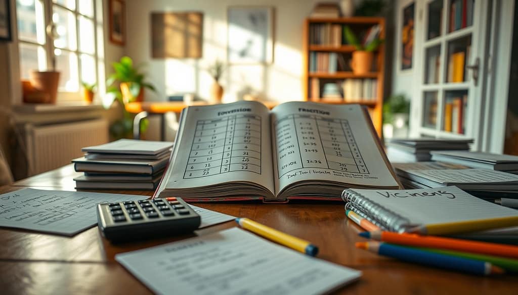 A dynamic study scene showcasing an educational setup for "odds conversion practice." In the foreground, a wooden table cluttered with notebooks filled with handwritten notes, a calculator, and a set of colorful pens. The middle ground features an open textbook displaying odds conversion charts, demonstrating American, Decimal, and Fractional formats, illuminated by soft, natural light coming from a nearby window. The background offers a glimpse of a cozy workspace with bookshelves filled with reference materials and a potted plant adding a touch of greenery. The atmosphere feels focused and academic, fostering a sense of serious study and engagement in learning mathematical concepts. The image should have a warm, inviting tone, capturing the essence of practicing odds conversions without any text or distractions. A dynamic study scene showcasing an educational setup for "odds conversion practice." In the foreground, a wooden table cluttered with notebooks filled with handwritten notes, a calculator, and a set of colorful pens. The middle ground features an open textbook displaying odds conversion charts, demonstrating American, Decimal, and Fractional formats, illuminated by soft, natural light coming from a nearby window. The background offers a glimpse of a cozy workspace with bookshelves filled with reference materials and a potted plant adding a touch of greenery. The atmosphere feels focused and academic, fostering a sense of serious study and engagement in learning mathematical concepts. The image should have a warm, inviting tone, capturing the essence of practicing odds conversions without any text or distractions.