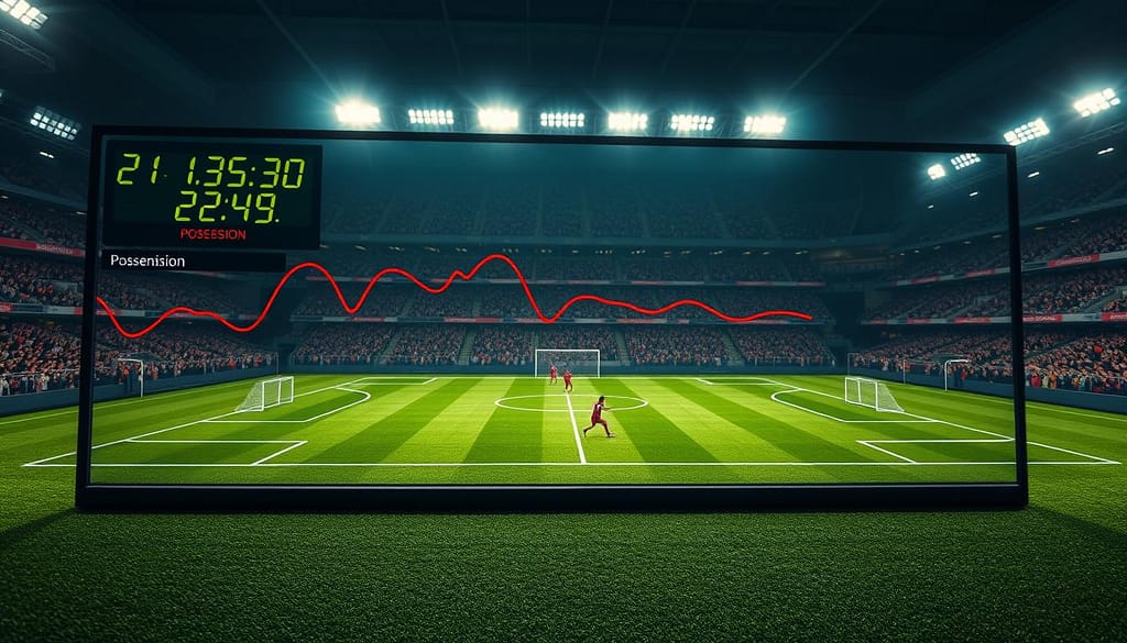 A dynamic visualization of time decay in sports probability analysis, emphasizing different sports contexts. In the foreground, a digital display board shows fluctuating probabilities for a football game, with a clock counting down the remaining minutes. The middle layer features detailed graphics of a football field, finely illustrating possession lines, player movements, and tactical zones, creating an active game state. The background reveals a stadium atmosphere with cheering fans, floodlights casting a bright, energetic glow. Soft shadows enhance depth, and a slight lens blur focuses attention on the probabilities. The overall mood is analytical yet engaging, capturing the urgency of in-game decision-making influenced by possession and time. A dynamic visualization of time decay in sports probability analysis, emphasizing different sports contexts. In the foreground, a digital display board shows fluctuating probabilities for a football game, with a clock counting down the remaining minutes. The middle layer features detailed graphics of a football field, finely illustrating possession lines, player movements, and tactical zones, creating an active game state. The background reveals a stadium atmosphere with cheering fans, floodlights casting a bright, energetic glow. Soft shadows enhance depth, and a slight lens blur focuses attention on the probabilities. The overall mood is analytical yet engaging, capturing the urgency of in-game decision-making influenced by possession and time.
