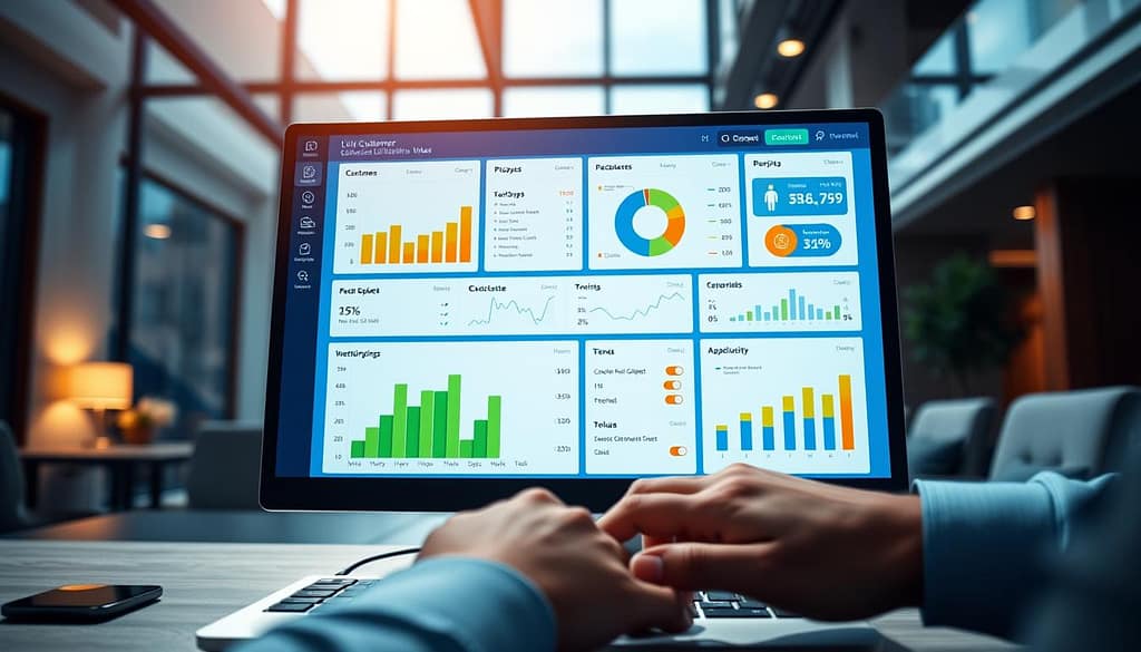 A modern CLV (Customer Lifetime Value) dashboard displayed on a sleek desktop computer screen, hands hovering over a keyboard, showcasing various graphs and data visualizations. In the foreground, focus on a vibrant bar chart and a pie chart designed for easy readability. The middle layer highlights a well-organized layout featuring KPIs, trends, and statistics, illuminated by soft LED lighting from the computer. The background consists of a stylish office environment, with a large window allowing natural light to filter in. The mood is professional and focused, indicative of a serious business setting, with an air of enthusiasm for data-driven decision-making. The image should convey clarity and sophistication without any text or distractions. A modern CLV (Customer Lifetime Value) dashboard displayed on a sleek desktop computer screen, hands hovering over a keyboard, showcasing various graphs and data visualizations. In the foreground, focus on a vibrant bar chart and a pie chart designed for easy readability. The middle layer highlights a well-organized layout featuring KPIs, trends, and statistics, illuminated by soft LED lighting from the computer. The background consists of a stylish office environment, with a large window allowing natural light to filter in. The mood is professional and focused, indicative of a serious business setting, with an air of enthusiasm for data-driven decision-making. The image should convey clarity and sophistication without any text or distractions.