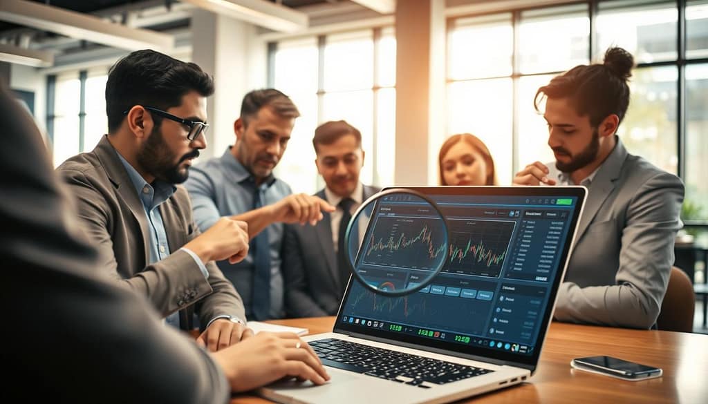 A professional setting featuring a diverse group of business analysts engaged in a collaborative discussion, analyzing betting limits and market signals. In the foreground, a focus on a laptop screen displaying complex graphs and data, with a magnifying glass highlighting specific market signals. In the middle, analysts with diverse backgrounds in business attire, deep in thought, pointing at the screen and jotting down notes. The background features a modern office space with large windows letting in soft, natural light, casting warm tones. The atmosphere is focused and analytical, with an air of excitement as they identify clear signals amidst the noise of market fluctuations. The overall mood is one of teamwork and professional exploration of data-driven insights. A professional setting featuring a diverse group of business analysts engaged in a collaborative discussion, analyzing betting limits and market signals. In the foreground, a focus on a laptop screen displaying complex graphs and data, with a magnifying glass highlighting specific market signals. In the middle, analysts with diverse backgrounds in business attire, deep in thought, pointing at the screen and jotting down notes. The background features a modern office space with large windows letting in soft, natural light, casting warm tones. The atmosphere is focused and analytical, with an air of excitement as they identify clear signals amidst the noise of market fluctuations. The overall mood is one of teamwork and professional exploration of data-driven insights.