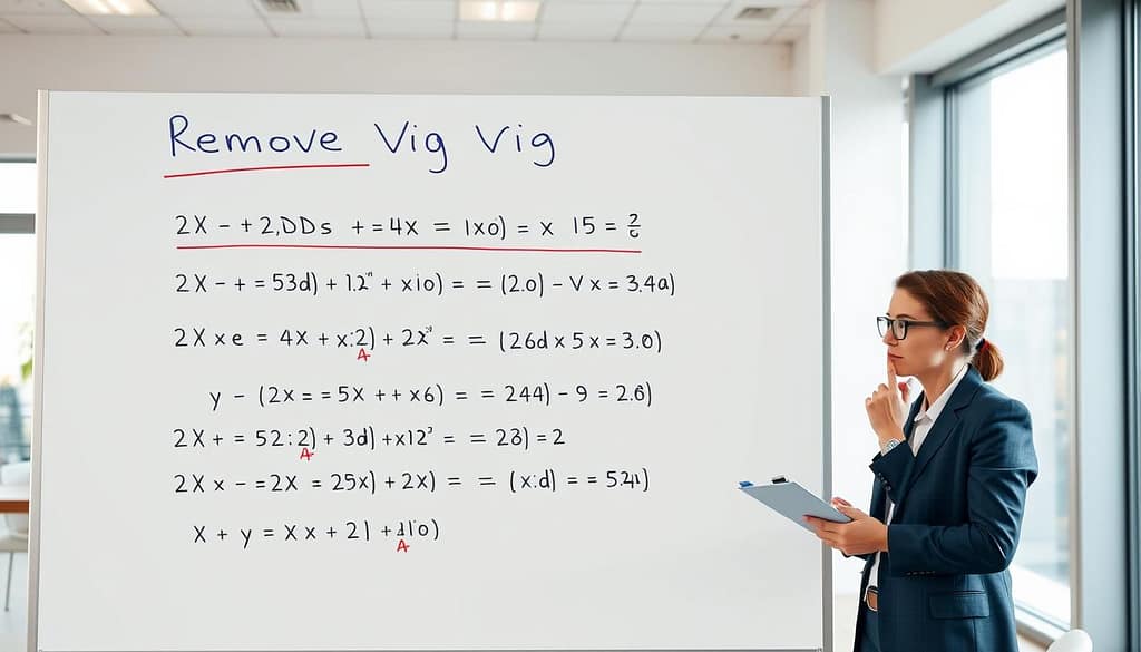 A sleek, modern whiteboard in a well-lit office space serves as the backdrop. In the foreground, a detailed example of the "remove vig calculation formula" is illustrated with clear, attractively written equations. The formula includes elements like odds, percentages, and expected values, visually broken down with colorful arrows and icons for clarity. In the middle ground, a thoughtful professional in business attire, with glasses and a clipboard, analyzes the equations, showcasing concentration. Soft, diffused natural light streams in from a large window, creating a calm atmosphere ideal for learning and analysis. The overall mood conveys a sense of professionalism and educational focus, inviting readers to engage with the math concepts presented. A sleek, modern whiteboard in a well-lit office space serves as the backdrop. In the foreground, a detailed example of the "remove vig calculation formula" is illustrated with clear, attractively written equations. The formula includes elements like odds, percentages, and expected values, visually broken down with colorful arrows and icons for clarity. In the middle ground, a thoughtful professional in business attire, with glasses and a clipboard, analyzes the equations, showcasing concentration. Soft, diffused natural light streams in from a large window, creating a calm atmosphere ideal for learning and analysis. The overall mood conveys a sense of professionalism and educational focus, inviting readers to engage with the math concepts presented.