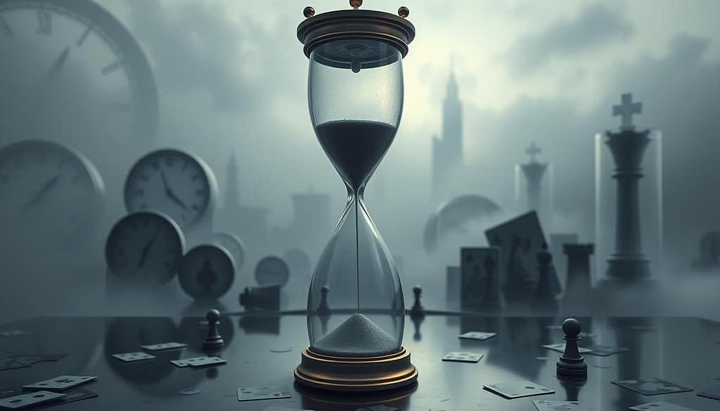 A surreal representation of a "time embargo," showcasing a visual metaphor for preventing look-ahead bias in decision-making. In the foreground, a large, ornate hourglass with sand suspended mid-fall, symbolizing time being paused. Surrounding the hourglass, stylized, abstract clocks with their hands twisted or frozen, conveying a distortion of time. In the middle ground, a landscape of reflective, fragmented mirrors capturing various game elements like chess pieces and playing cards, illustrating choices made over time. The background features a misty, ethereal expanse with hints of a futuristic cityscape shrouded in fog, instilling a sense of uncertainty. Soft, cool lighting emanates from above, casting ghostly shadows that enhance the atmosphere of tension and anticipation. The scene is captured from a slightly low angle, emphasizing the grandeur of the hourglass and mirrors. A surreal representation of a "time embargo," showcasing a visual metaphor for preventing look-ahead bias in decision-making. In the foreground, a large, ornate hourglass with sand suspended mid-fall, symbolizing time being paused. Surrounding the hourglass, stylized, abstract clocks with their hands twisted or frozen, conveying a distortion of time. In the middle ground, a landscape of reflective, fragmented mirrors capturing various game elements like chess pieces and playing cards, illustrating choices made over time. The background features a misty, ethereal expanse with hints of a futuristic cityscape shrouded in fog, instilling a sense of uncertainty. Soft, cool lighting emanates from above, casting ghostly shadows that enhance the atmosphere of tension and anticipation. The scene is captured from a slightly low angle, emphasizing the grandeur of the hourglass and mirrors.