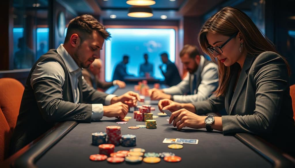 A vibrant scene depicting a micro stakes poker game at a sleek, modern table in an intimate setting. In the foreground, a pair of focused players, a man and a woman, are analyzing their cards and chips, both dressed in professional business attire. The table is neatly arranged with colorful chips, clear plastic cards, and a felt surface. In the middle ground, a soft blue glow from ambient lighting reflects the atmosphere of concentration, while the background features blurred silhouettes of other players, creating a sense of a larger gaming environment. The lighting is warm and inviting, casting gentle shadows to enhance the mood of excitement and strategy, aiming for a close-up perspective that captures both the tension and thrill of micro stakes betting in action. A vibrant scene depicting a micro stakes poker game at a sleek, modern table in an intimate setting. In the foreground, a pair of focused players, a man and a woman, are analyzing their cards and chips, both dressed in professional business attire. The table is neatly arranged with colorful chips, clear plastic cards, and a felt surface. In the middle ground, a soft blue glow from ambient lighting reflects the atmosphere of concentration, while the background features blurred silhouettes of other players, creating a sense of a larger gaming environment. The lighting is warm and inviting, casting gentle shadows to enhance the mood of excitement and strategy, aiming for a close-up perspective that captures both the tension and thrill of micro stakes betting in action.