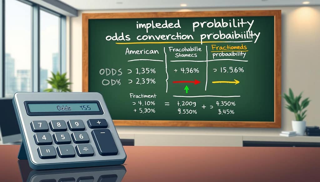 A visually engaging illustration depicting the concept of "odds conversion implied probability." In the foreground, a sleek, modern calculator displaying odds values and the corresponding percentages for implied probabilities. The middle ground features a chalkboard-style diagram, illustrating the conversion process from American, Decimal, and Fractional odds to true win chances. Vividly colored arrows connect different odds formats to their respective probabilities, enhancing clarity. In the background, a professional workspace with soft lighting and a window showing a cityscape, creating a business-like atmosphere. The overall mood is analytical and informative, with a sense of clarity and focus on the concepts being presented, emitting a sophisticated and educational vibe. A visually engaging illustration depicting the concept of "odds conversion implied probability." In the foreground, a sleek, modern calculator displaying odds values and the corresponding percentages for implied probabilities. The middle ground features a chalkboard-style diagram, illustrating the conversion process from American, Decimal, and Fractional odds to true win chances. Vividly colored arrows connect different odds formats to their respective probabilities, enhancing clarity. In the background, a professional workspace with soft lighting and a window showing a cityscape, creating a business-like atmosphere. The overall mood is analytical and informative, with a sense of clarity and focus on the concepts being presented, emitting a sophisticated and educational vibe.