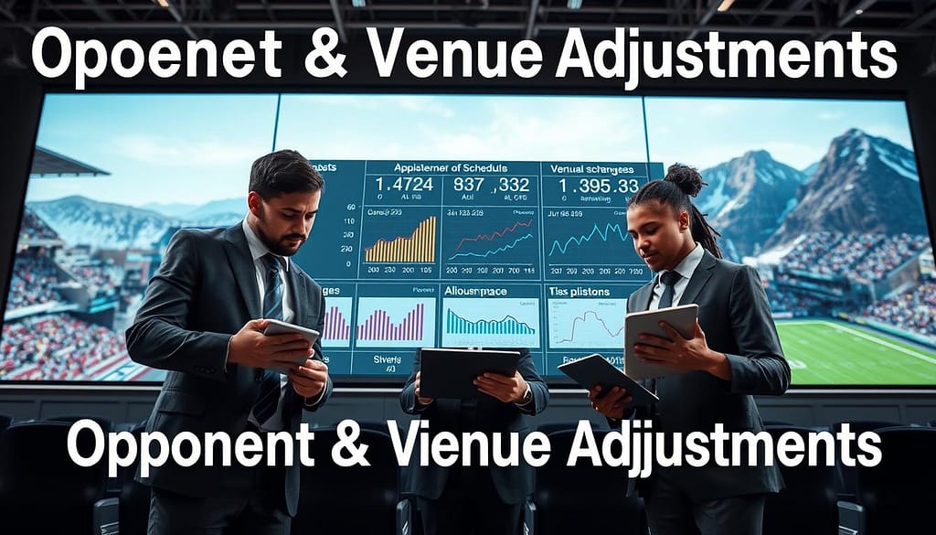 A visually engaging scene depicting the concept of "Opponent & Venue Adjustments" in sports analytics. In the foreground, a diverse group of three professionals in business attire, analyzing data on laptops and tablets, strategically discussing opponent statistics, venue impacts, and altitude effects. In the middle ground, a large digital display shows charts and graphs representing strength of schedule, altitude changes, and team performance metrics. The background features a blurred image of a stadium and mountainous terrain, symbolizing different venue settings. The lighting is bright, creating a focused, dynamic atmosphere. Use a wide-angle lens to capture the depth of the scene, emphasizing the collaboration among the professionals while hinting at the broader context of their analysis. A visually engaging scene depicting the concept of "Opponent & Venue Adjustments" in sports analytics. In the foreground, a diverse group of three professionals in business attire, analyzing data on laptops and tablets, strategically discussing opponent statistics, venue impacts, and altitude effects. In the middle ground, a large digital display shows charts and graphs representing strength of schedule, altitude changes, and team performance metrics. The background features a blurred image of a stadium and mountainous terrain, symbolizing different venue settings. The lighting is bright, creating a focused, dynamic atmosphere. Use a wide-angle lens to capture the depth of the scene, emphasizing the collaboration among the professionals while hinting at the broader context of their analysis.