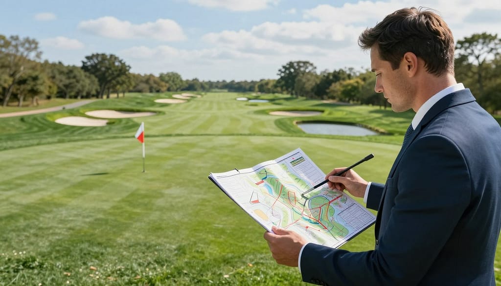 A detailed golf course layout's analysis on a strategic betting approach, showcasing a lush green landscape with undulating fairways and strategically placed water hazards. In the foreground, a golf analyst in smart business attire examines a topographic map, holding a golf club in one hand and a notepad in the other, while analyzing key features of the course. The middle ground features iconic elements of the course, like flags on the greens and sand traps, letting viewers visualize key betting points. The background showcases a bright blue sky with scattered clouds, emphasizing a sunny day. Soft natural lighting casts gentle shadows, creating an atmosphere of focus and strategic planning, with a slight depth of field to highlight the analyst's concentrated expression. A detailed golf course layout's analysis on a strategic betting approach, showcasing a lush green landscape with undulating fairways and strategically placed water hazards. In the foreground, a golf analyst in smart business attire examines a topographic map, holding a golf club in one hand and a notepad in the other, while analyzing key features of the course. The middle ground features iconic elements of the course, like flags on the greens and sand traps, letting viewers visualize key betting points. The background showcases a bright blue sky with scattered clouds, emphasizing a sunny day. Soft natural lighting casts gentle shadows, creating an atmosphere of focus and strategic planning, with a slight depth of field to highlight the analyst's concentrated expression.