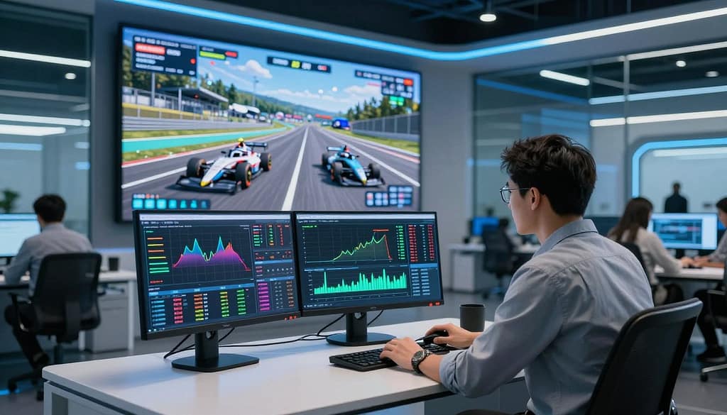 A detailed, high-tech scene depicting motorsport analytics in an innovative office environment. In the foreground, a sleek, modern desk with dual monitors displaying colorful graphs and real-time racing data, and a professional in smart casual attire analyzing the statistics. The middle ground features a large digital screen showcasing a dynamic race track simulation and 3D models of racing cars. In the background, a glass wall reveals an active motorsport facility with cars zooming by. The lighting is bright with a futuristic blue tint, creating a sense of excitement and technological advancement. The atmosphere is focused yet energetic, reflecting the urgency and enthusiasm of motorsport betting strategies and market innovations. A detailed, high-tech scene depicting motorsport analytics in an innovative office environment. In the foreground, a sleek, modern desk with dual monitors displaying colorful graphs and real-time racing data, and a professional in smart casual attire analyzing the statistics. The middle ground features a large digital screen showcasing a dynamic race track simulation and 3D models of racing cars. In the background, a glass wall reveals an active motorsport facility with cars zooming by. The lighting is bright with a futuristic blue tint, creating a sense of excitement and technological advancement. The atmosphere is focused yet energetic, reflecting the urgency and enthusiasm of motorsport betting strategies and market innovations.