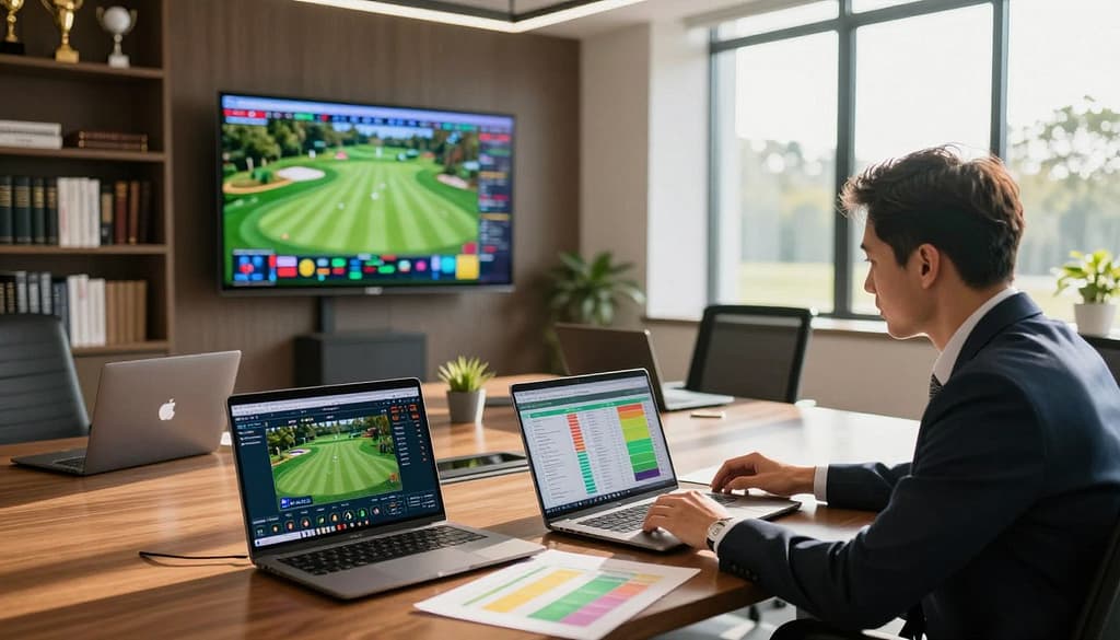 A detailed scene of a modern office setting dedicated to golf betting analysis. In the foreground, a large, polished conference table is cluttered with various digital devices, including laptops displaying golf statistics, tournament histories, and betting odds. A professional individual in business attire is intensely analyzing the data, surrounded by colorful graphs and charts. In the middle ground, a large screen shows a vibrant golf tournament highlight reel, enhancing the focus on sport. The background features a sleek bookshelf filled with golf-related books and trophies. Warm, natural sunlight streams through large windows, casting a bright yet focused ambiance, creating a mood of strategic thinking and excitement in sports betting. The image is captured from a slightly elevated angle, emphasizing the collaborative and analytical atmosphere. A detailed scene of a modern office setting dedicated to golf betting analysis. In the foreground, a large, polished conference table is cluttered with various digital devices, including laptops displaying golf statistics, tournament histories, and betting odds. A professional individual in business attire is intensely analyzing the data, surrounded by colorful graphs and charts. In the middle ground, a large screen shows a vibrant golf tournament highlight reel, enhancing the focus on sport. The background features a sleek bookshelf filled with golf-related books and trophies. Warm, natural sunlight streams through large windows, casting a bright yet focused ambiance, creating a mood of strategic thinking and excitement in sports betting. The image is captured from a slightly elevated angle, emphasizing the collaborative and analytical atmosphere.