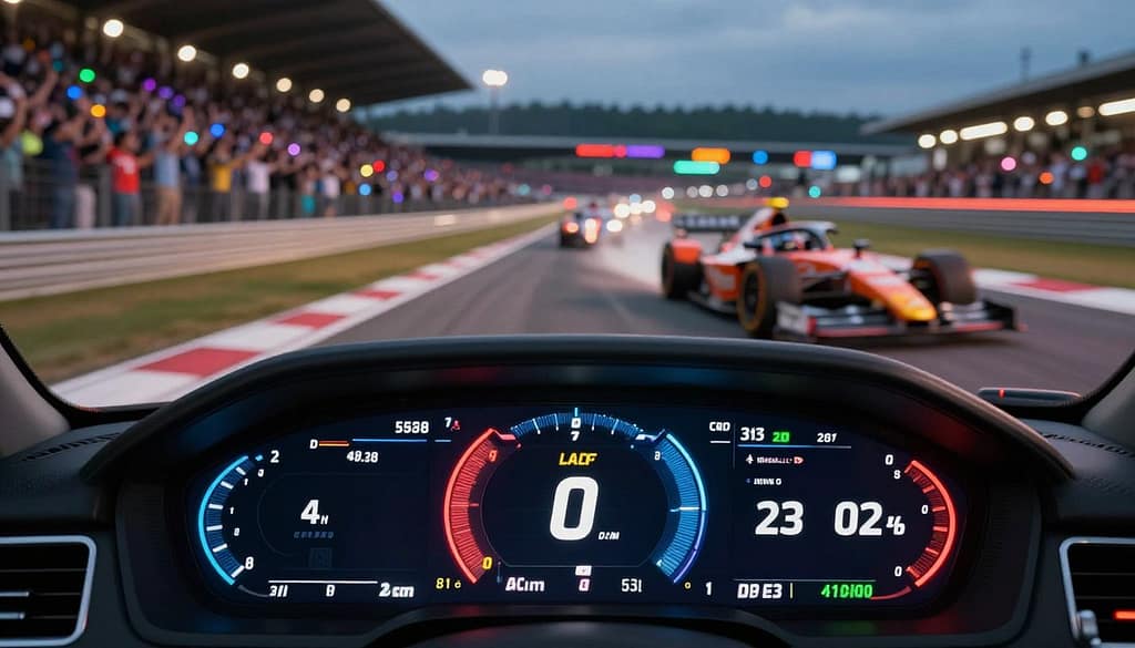 A dynamic and engaging representation of driver stats displayed graphically. In the foreground, create a sleek digital dashboard featuring various performance metrics such as speed, lap times, and win percentages, illustrated with vibrant colors and modern graphic elements. In the middle ground, depict a blurred image of a racetrack, highlighting cars racing in the background, with motion lines to convey speed. The background should include a cheering crowd in a stadium, with colorful lights illuminating the scene, evoking an atmosphere of excitement and competition. Use soft, dramatic lighting to enhance the focus on the stats and create a sense of urgency and thrill, capturing the essence of motorsport. A dynamic and engaging representation of driver stats displayed graphically. In the foreground, create a sleek digital dashboard featuring various performance metrics such as speed, lap times, and win percentages, illustrated with vibrant colors and modern graphic elements. In the middle ground, depict a blurred image of a racetrack, highlighting cars racing in the background, with motion lines to convey speed. The background should include a cheering crowd in a stadium, with colorful lights illuminating the scene, evoking an atmosphere of excitement and competition. Use soft, dramatic lighting to enhance the focus on the stats and create a sense of urgency and thrill, capturing the essence of motorsport.