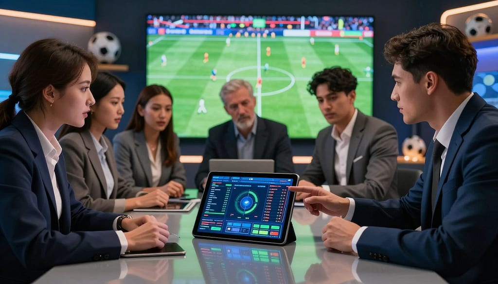 A dynamic and engaging scene centered on soccer betting intelligence, featuring a sleek, modern analysis studio in the foreground. On a glossy table, a digital tablet displays vibrant betting data and analytics. In the middle ground, a diverse group of professionals in smart business attire are deeply discussing strategies, pointing at the tablet and engaging with soccer-themed charts. The background showcases a large screen displaying live soccer matches with hustle and bustle, while various football memorabilia subtly decorates the walls. Ambient lighting casts a warm yet focused glow across the scene, emphasizing the intensity of strategic discussions. The mood conveys excitement and opportunity within the betting market, capturing the essence of tactical decision-making in soccer betting. A dynamic and engaging scene centered on soccer betting intelligence, featuring a sleek, modern analysis studio in the foreground. On a glossy table, a digital tablet displays vibrant betting data and analytics. In the middle ground, a diverse group of professionals in smart business attire are deeply discussing strategies, pointing at the tablet and engaging with soccer-themed charts. The background showcases a large screen displaying live soccer matches with hustle and bustle, while various football memorabilia subtly decorates the walls. Ambient lighting casts a warm yet focused glow across the scene, emphasizing the intensity of strategic discussions. The mood conveys excitement and opportunity within the betting market, capturing the essence of tactical decision-making in soccer betting.