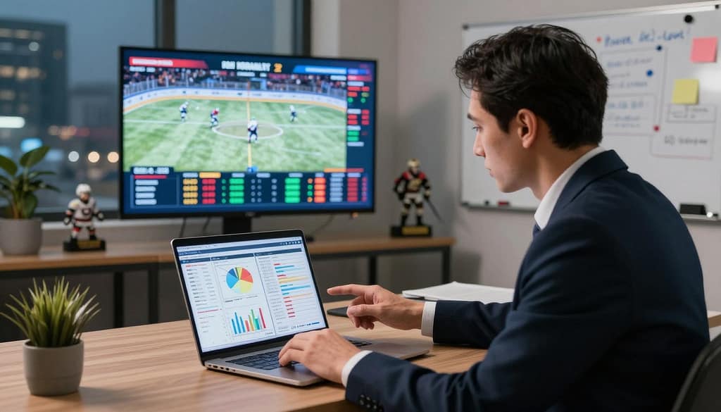 A dynamic and engaging scene depicting advanced hockey betting tactics. In the foreground, a focused sports analyst, dressed in business attire, studies a detailed hockey statistics report and laptop displaying analytics, surrounded by charts and graphs. The middle layer showcases a large digital screen with a live hockey game in progress, highlighting player stats and betting odds. In the background, a well-organized office filled with sports memorabilia, a whiteboard with notes, and a subtle hint of a city skyline through a window. Soft, ambient lighting creates an energetic yet professional atmosphere, emphasizing concentration and strategy. The angle captures the analyst's intense engagement with the data, creating a sense of urgency and insight in the betting world. A dynamic and engaging scene depicting advanced hockey betting tactics. In the foreground, a focused sports analyst, dressed in business attire, studies a detailed hockey statistics report and laptop displaying analytics, surrounded by charts and graphs. The middle layer showcases a large digital screen with a live hockey game in progress, highlighting player stats and betting odds. In the background, a well-organized office filled with sports memorabilia, a whiteboard with notes, and a subtle hint of a city skyline through a window. Soft, ambient lighting creates an energetic yet professional atmosphere, emphasizing concentration and strategy. The angle captures the analyst's intense engagement with the data, creating a sense of urgency and insight in the betting world.