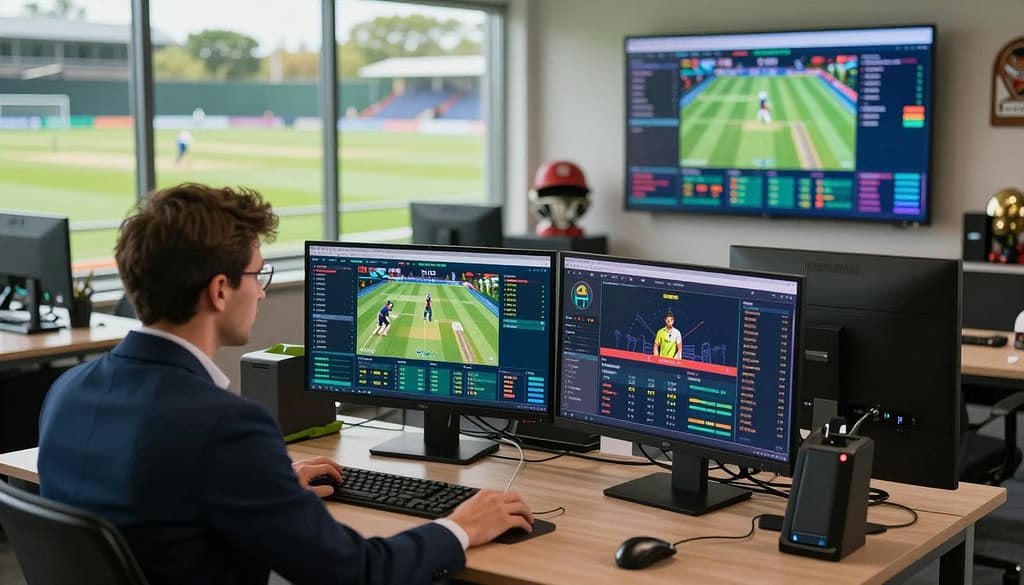A dynamic and visually engaging cricket analytics scene, showcasing a professional analyst working at a high-tech workstation. In the foreground, a focused individual in smart business attire studies detailed data on multiple screens, featuring colorful graphs, match statistics, and player performance metrics. The middle ground displays a large digital board projecting real-time analytics, with charts and cricket-related visuals. In the background, a sports-themed office filled with cricket memorabilia and a large window revealing a vibrant outdoor cricket field under bright, natural sunlight, enhancing the atmosphere of excitement and intellect. Use a shallow depth of field to highlight the analyst while softly blurring the background, conveying a sense of depth. The overall mood is energetic and analytical, reflecting the strategic nature of betting market analysis in cricket. A dynamic and visually engaging cricket analytics scene, showcasing a professional analyst working at a high-tech workstation. In the foreground, a focused individual in smart business attire studies detailed data on multiple screens, featuring colorful graphs, match statistics, and player performance metrics. The middle ground displays a large digital board projecting real-time analytics, with charts and cricket-related visuals. In the background, a sports-themed office filled with cricket memorabilia and a large window revealing a vibrant outdoor cricket field under bright, natural sunlight, enhancing the atmosphere of excitement and intellect. Use a shallow depth of field to highlight the analyst while softly blurring the background, conveying a sense of depth. The overall mood is energetic and analytical, reflecting the strategic nature of betting market analysis in cricket.