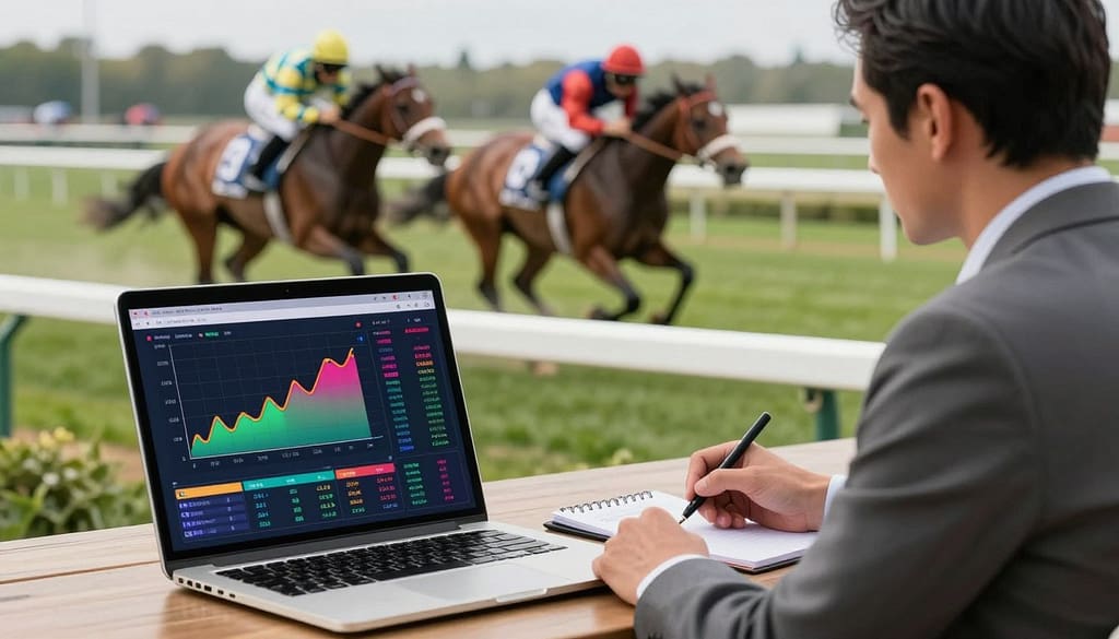 A dynamic and visually striking representation of horse racing data trends, capturing the essence of technology and strategic analysis in the sport. In the foreground, a sleek laptop is open, displaying colorful graphs and data visualizations of race statistics with vibrant colors that suggest excitement. In the middle ground, a well-dressed analyst, wearing business attire, is focused on the screen, taking notes, embodying professionalism and expertise. The background features a lively horse racing track, with blurred horses in motion, emphasizing speed and competition. Bright, natural lighting highlights the scene, while a shallow depth of field draws attention to the analysis on the laptop. The atmosphere is intense yet optimistic, conveying the thrill of making informed betting decisions. A dynamic and visually striking representation of horse racing data trends, capturing the essence of technology and strategic analysis in the sport. In the foreground, a sleek laptop is open, displaying colorful graphs and data visualizations of race statistics with vibrant colors that suggest excitement. In the middle ground, a well-dressed analyst, wearing business attire, is focused on the screen, taking notes, embodying professionalism and expertise. The background features a lively horse racing track, with blurred horses in motion, emphasizing speed and competition. Bright, natural lighting highlights the scene, while a shallow depth of field draws attention to the analysis on the laptop. The atmosphere is intense yet optimistic, conveying the thrill of making informed betting decisions.