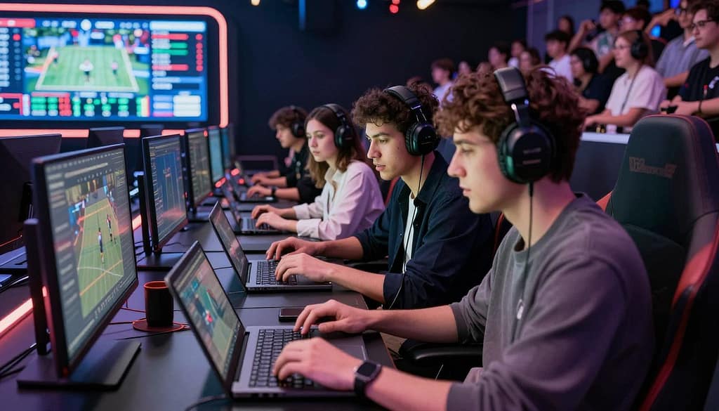 A dynamic esports scene depicting players in a modern gaming arena, focused on two individuals analyzing performance data on sleek laptops. In the foreground, a diverse group of three professionals—two men and one woman—are dressed in smart casual attire, intently discussing team strategies over graphs displayed on screens beside them. The middle ground features large digital displays showing player statistics and match highlights, with a high-tech ambiance. The background reveals an energetic crowd, lit by soft neon lights, creating a vibrant yet focused atmosphere. The lighting is bright but with a cinematic glow, emphasizing the intensity and concentration of the players. The scene should convey teamwork, strategy, and analytics, showcasing the essence of esports performance analysis without any text or overlaid elements. A dynamic esports scene depicting players in a modern gaming arena, focused on two individuals analyzing performance data on sleek laptops. In the foreground, a diverse group of three professionals—two men and one woman—are dressed in smart casual attire, intently discussing team strategies over graphs displayed on screens beside them. The middle ground features large digital displays showing player statistics and match highlights, with a high-tech ambiance. The background reveals an energetic crowd, lit by soft neon lights, creating a vibrant yet focused atmosphere. The lighting is bright but with a cinematic glow, emphasizing the intensity and concentration of the players. The scene should convey teamwork, strategy, and analytics, showcasing the essence of esports performance analysis without any text or overlaid elements.