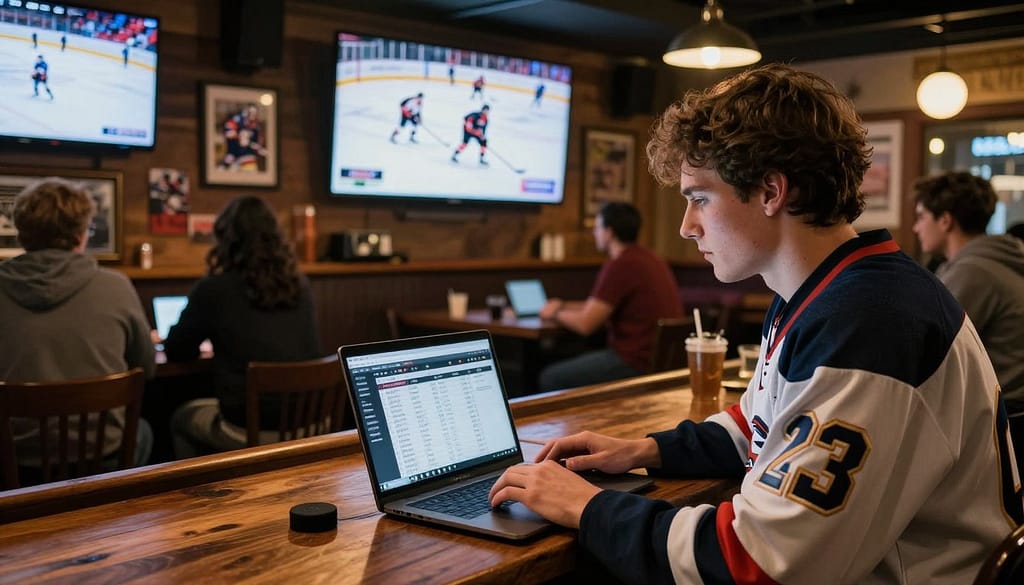 A dynamic scene depicting a puck line strategy in hockey betting, centered around a lively sports betting environment. In the foreground, a focused bettor, casually dressed in a team jersey, examines a laptop displaying hockey statistics and odds. The middle ground features a well-lit, rustic sports bar ambiance with other patrons eagerly watching a hockey game on large screens, surrounded by sports memorabilia. In the background, an iconic ice rink with players in action, emphasizing teamwork and strategy. The lighting is warm, casting a cozy yet energetic glow throughout the scene, suggesting a thrilling atmosphere of anticipation. Capture the essence of camaraderie and excitement, illustrating the strategic nature of hockey betting in a professional setting, avoiding any text or logos. A dynamic scene depicting a puck line strategy in hockey betting, centered around a lively sports betting environment. In the foreground, a focused bettor, casually dressed in a team jersey, examines a laptop displaying hockey statistics and odds. The middle ground features a well-lit, rustic sports bar ambiance with other patrons eagerly watching a hockey game on large screens, surrounded by sports memorabilia. In the background, an iconic ice rink with players in action, emphasizing teamwork and strategy. The lighting is warm, casting a cozy yet energetic glow throughout the scene, suggesting a thrilling atmosphere of anticipation. Capture the essence of camaraderie and excitement, illustrating the strategic nature of hockey betting in a professional setting, avoiding any text or logos.