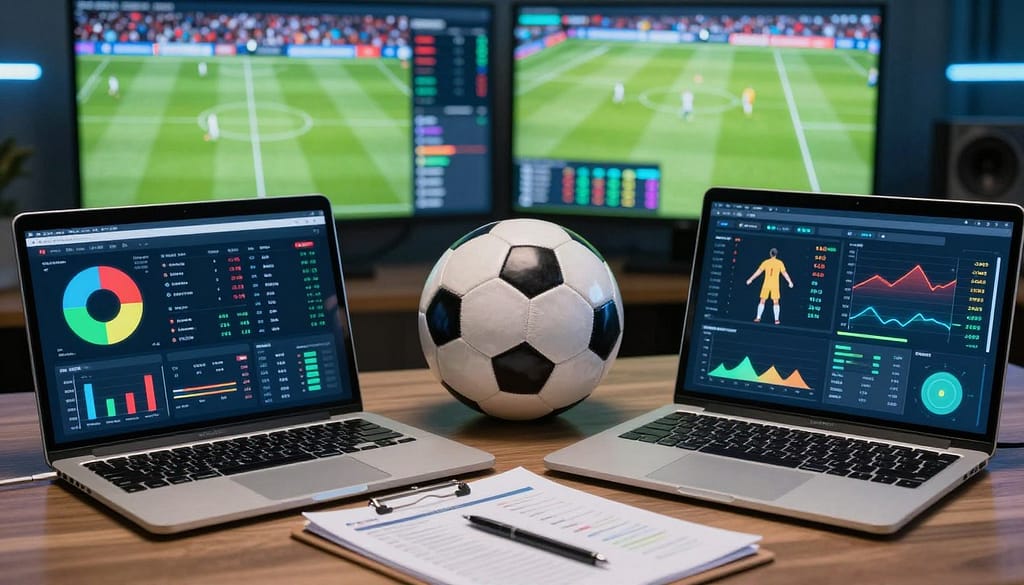 A modern soccer analytics workspace, featuring a high-tech computer setup displaying vibrant graphs and metrics related to player performance and match statistics. In the foreground, a sleek laptop screen is open, showcasing an interactive dashboard with colorful pie charts and line graphs. The middle layer includes a soccer ball and a clipboard filled with notes and analysis, symbolizing the strategic assessment of the game. The background features a digital screen showing live match footage and analytics overlays, illuminated by soft, focused lighting to create a dynamic yet professional atmosphere. The scene conveys a sense of industry and sharp focus, ideal for insights into soccer performance and betting intelligence. A modern soccer analytics workspace, featuring a high-tech computer setup displaying vibrant graphs and metrics related to player performance and match statistics. In the foreground, a sleek laptop screen is open, showcasing an interactive dashboard with colorful pie charts and line graphs. The middle layer includes a soccer ball and a clipboard filled with notes and analysis, symbolizing the strategic assessment of the game. The background features a digital screen showing live match footage and analytics overlays, illuminated by soft, focused lighting to create a dynamic yet professional atmosphere. The scene conveys a sense of industry and sharp focus, ideal for insights into soccer performance and betting intelligence.