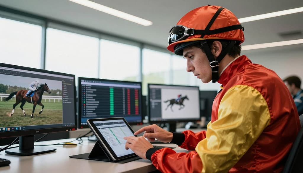A professional jockey, dressed in vibrant racing silks and a neatly fitted helmet, is intently studying data on a tablet in a modern analysis room. In the foreground, the jockey is focused, with a background of digital screens displaying various statistics about horse and rider performances. The room is well-lit with a mix of natural light streaming through large windows and soft overhead lighting, creating a bright atmosphere conducive to analysis. In the middle ground, subtle silhouettes of horses in motion can be seen, enhancing the context of horse racing. The angle is slightly low, capturing the jockey's concentration and the high-tech environment. The mood is serious yet dynamic, representing the strategic aspect of evaluating performance in horse racing. A professional jockey, dressed in vibrant racing silks and a neatly fitted helmet, is intently studying data on a tablet in a modern analysis room. In the foreground, the jockey is focused, with a background of digital screens displaying various statistics about horse and rider performances. The room is well-lit with a mix of natural light streaming through large windows and soft overhead lighting, creating a bright atmosphere conducive to analysis. In the middle ground, subtle silhouettes of horses in motion can be seen, enhancing the context of horse racing. The angle is slightly low, capturing the jockey's concentration and the high-tech environment. The mood is serious yet dynamic, representing the strategic aspect of evaluating performance in horse racing.