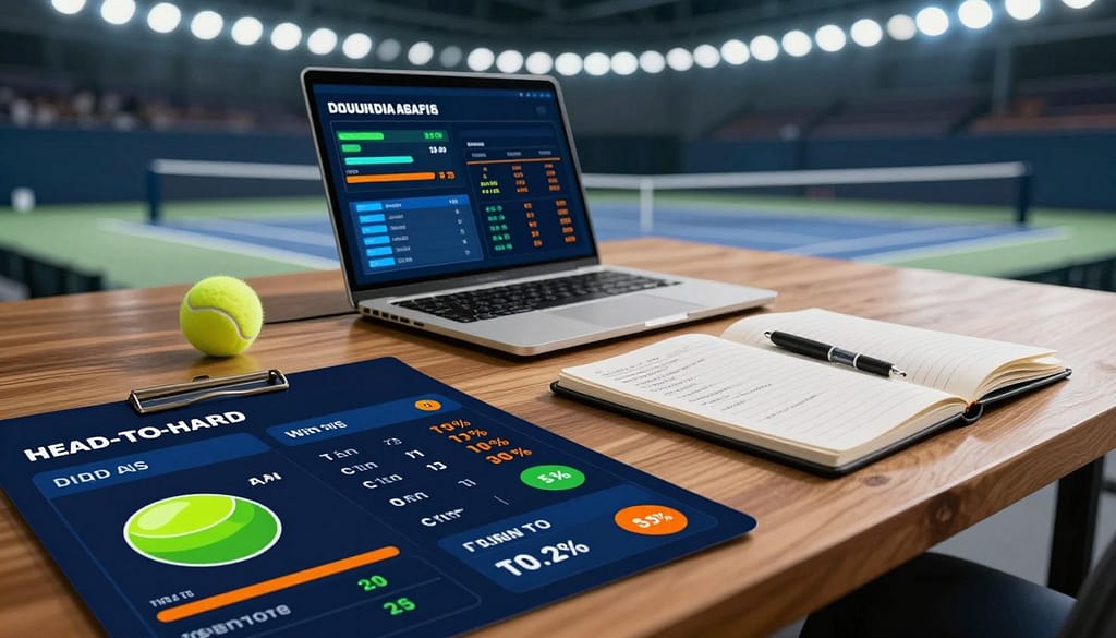 A sleek, modern graphic representation of tennis player statistics for betting analysis. In the foreground, display vibrant charts and graphs showcasing player metrics like aces, double faults, winning percentages, and head-to-head records, using dynamic colors such as blue, green, and orange. In the middle ground, a professional-looking laptop and a notepad filled with notes are placed on a polished wooden table, hinting at a sports analyst's study. The background features a blurred tennis court, illuminated by bright stadium lights, conveying a thrilling atmosphere of anticipation. Use a shallow depth of field with a focus on the statistics, capturing the energy of strategic betting. The overall mood is analytical and professional, ideal for a serious discussion around advanced tennis betting tactics. A sleek, modern graphic representation of tennis player statistics for betting analysis. In the foreground, display vibrant charts and graphs showcasing player metrics like aces, double faults, winning percentages, and head-to-head records, using dynamic colors such as blue, green, and orange. In the middle ground, a professional-looking laptop and a notepad filled with notes are placed on a polished wooden table, hinting at a sports analyst's study. The background features a blurred tennis court, illuminated by bright stadium lights, conveying a thrilling atmosphere of anticipation. Use a shallow depth of field with a focus on the statistics, capturing the energy of strategic betting. The overall mood is analytical and professional, ideal for a serious discussion around advanced tennis betting tactics.