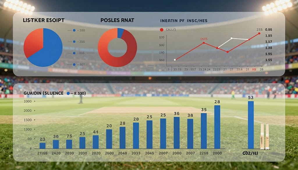 In a dynamic and engaging cricket betting scene, visualize a detailed infographic displaying player statistics and team dynamics. The foreground features a large, clear bar graph illustrating individual player performances, with icons representing batting averages, strike rates, and bowling figures. The middle ground includes graphical elements like pie charts and line graphs that compare team success rates and player contributions in recent matches. The background should be a subtle cricket field blended with a stadium atmosphere, hinting at a live match setting, under warm stadium lighting. The mood is analytical yet energetic, capturing the excitement of cricket betting strategies. Use a slight depth of field to focus on the stats, with a clear, sharp lens effect that enhances clarity and engagement without any text or branding overlays. In a dynamic and engaging cricket betting scene, visualize a detailed infographic displaying player statistics and team dynamics. The foreground features a large, clear bar graph illustrating individual player performances, with icons representing batting averages, strike rates, and bowling figures. The middle ground includes graphical elements like pie charts and line graphs that compare team success rates and player contributions in recent matches. The background should be a subtle cricket field blended with a stadium atmosphere, hinting at a live match setting, under warm stadium lighting. The mood is analytical yet energetic, capturing the excitement of cricket betting strategies. Use a slight depth of field to focus on the stats, with a clear, sharp lens effect that enhances clarity and engagement without any text or branding overlays.