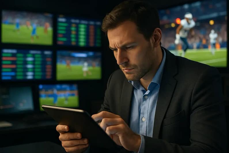 Live betting insights dashboard beside a sports analyst reviewing odds movement