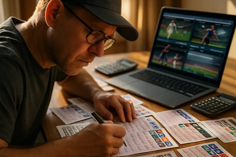 Sportsbook pricing margins shown on betting screens beside a notebook and calculator