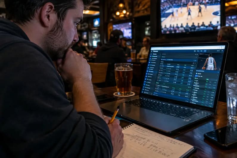 NBA Prop Restrictions shown through a bettor reviewing basketball market data on a laptop