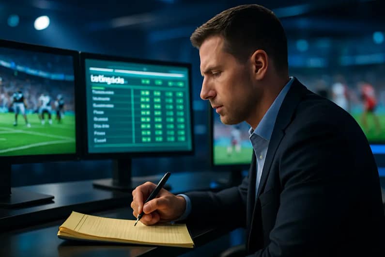 Nevada Prediction Markets screen beside a sportsbook board in a quiet betting analysis room