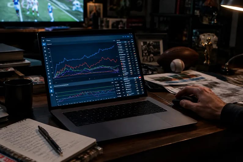Prediction market regulation concept with court documents, trading screens, and sports data