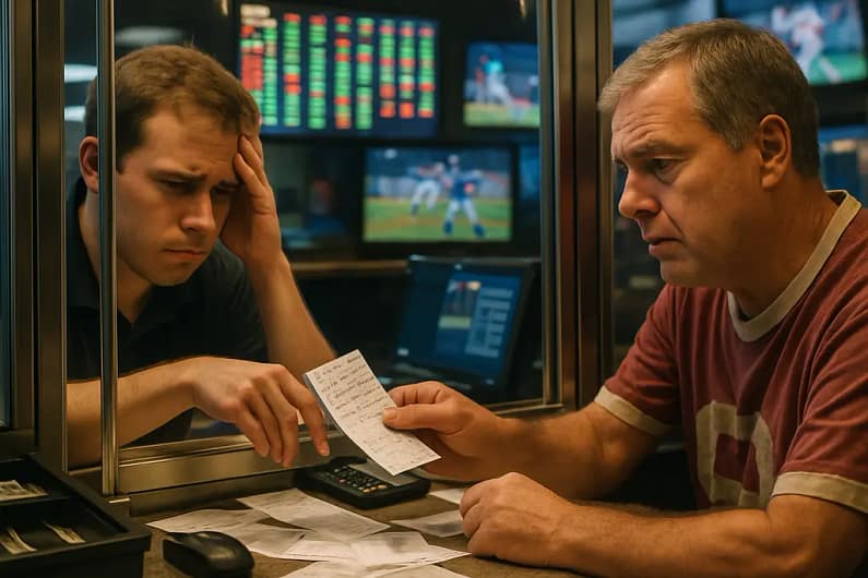 Retail sports betting counter with data screens and fewer bettors waiting nearby